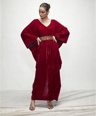 Maroon plain velvet kaftaan 1