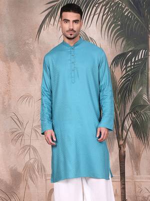 Sea green cotton textured kurta for mens 1