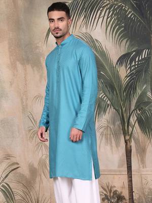 Sea green cotton textured kurta for mens 2