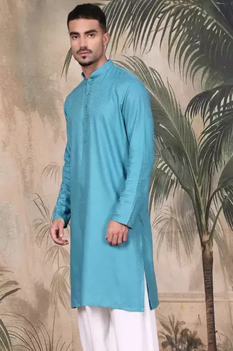 Sea green cotton textured kurta for mens