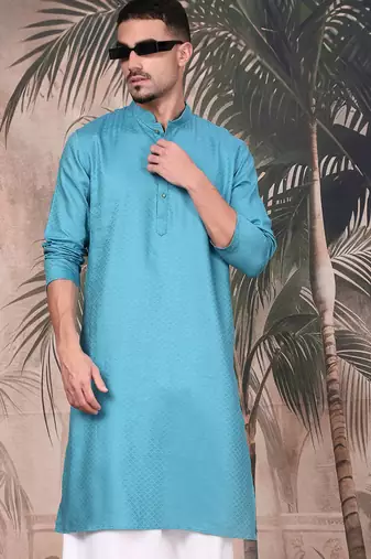 Sea green cotton textured kurta for mens