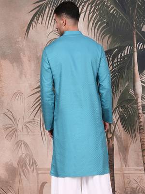 Sea green cotton textured kurta for mens 4