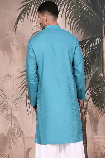 Sea green cotton textured kurta for mens
