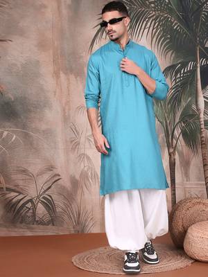 Sea green cotton textured kurta for mens 5