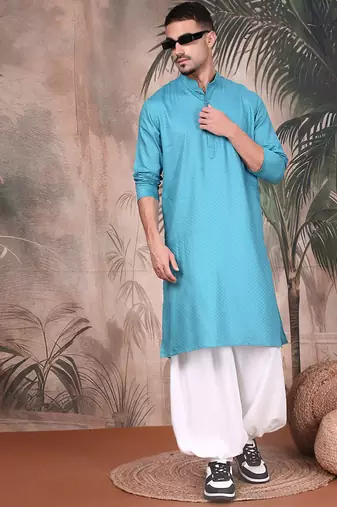 Sea green cotton textured kurta for mens