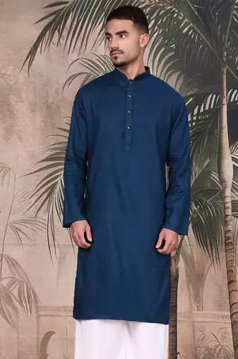 Blue cotton textured kurta for mens