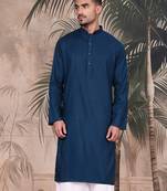 Blue cotton textured kurta for mens