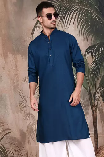 Blue cotton textured kurta for mens