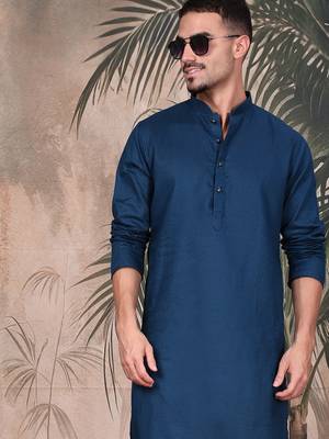Blue cotton textured kurta for mens 3