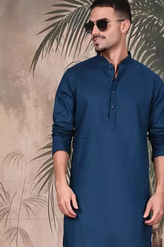 Blue cotton textured kurta for mens