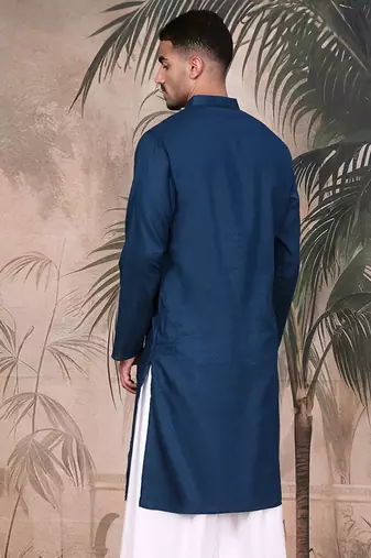 Blue cotton textured kurta for mens
