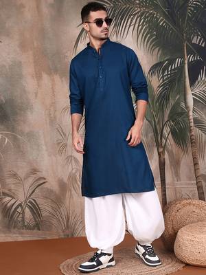 Blue cotton textured kurta for mens 5