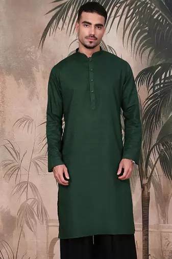 Deep green cotton textured kurta for mens