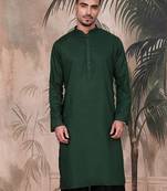Deep green cotton textured kurta for mens