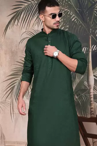 Deep green cotton textured kurta for mens