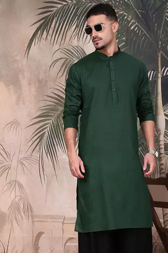 Deep green cotton textured kurta for mens