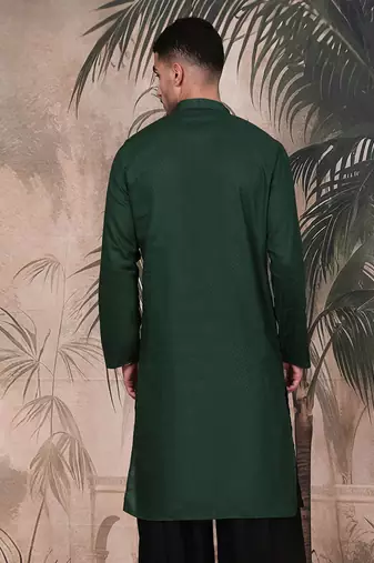 Deep green cotton textured kurta for mens