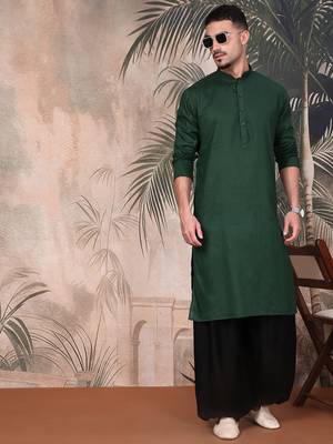 Deep green cotton textured kurta for mens 5