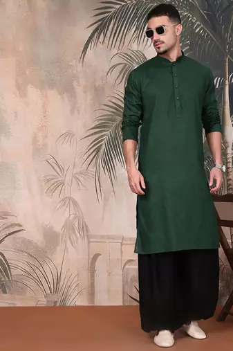 Deep green cotton textured kurta for mens