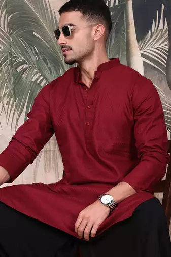 Maroon cotton textured kurta for mens