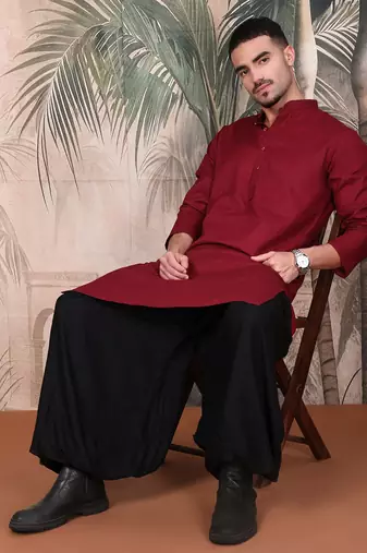 Maroon cotton textured kurta for mens