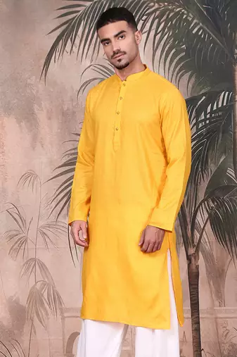 Mustard cotton textured kurta for mens