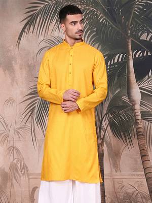 Mustard cotton textured kurta for mens 2