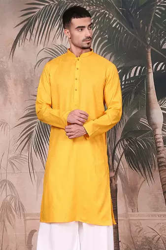Mustard cotton textured kurta for mens