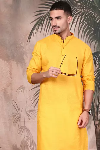 Mustard cotton textured kurta for mens