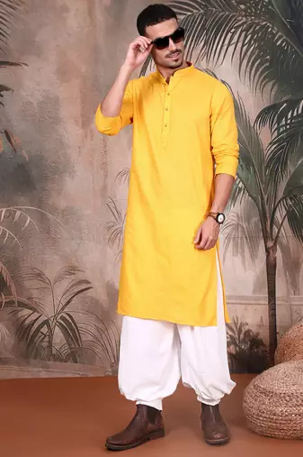 Mustard cotton textured kurta for mens