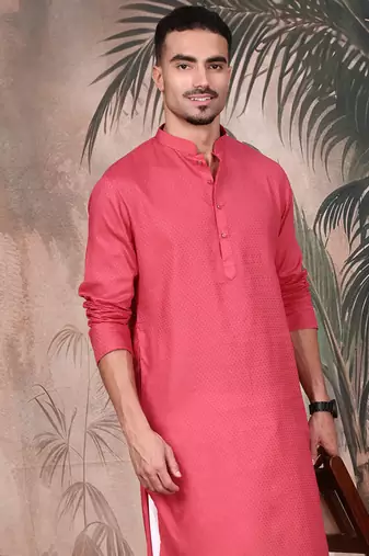 Pink cotton textured kurta for mens