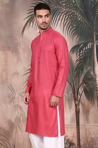 Pink cotton textured kurta for mens