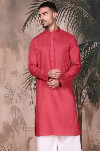 Pink cotton textured kurta for mens