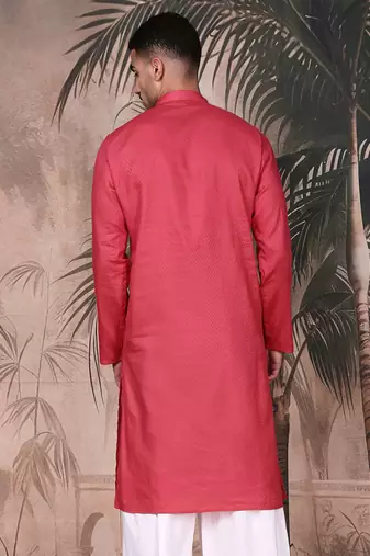 Pink cotton textured kurta for mens