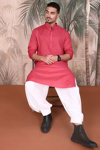 Pink cotton textured kurta for mens
