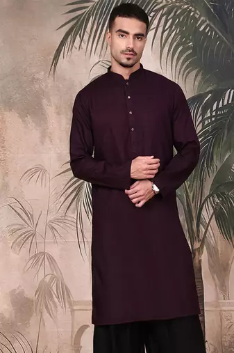 Purple cotton textured kurta for mens