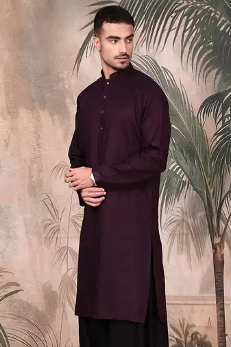 Purple cotton textured kurta for mens