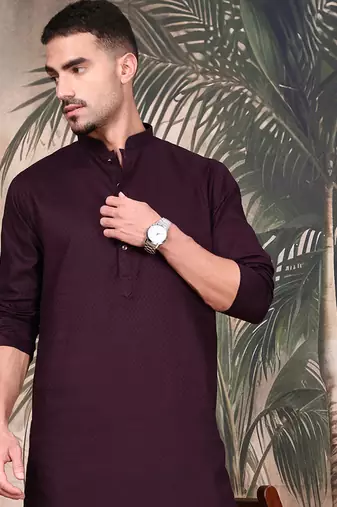 Purple cotton textured kurta for mens