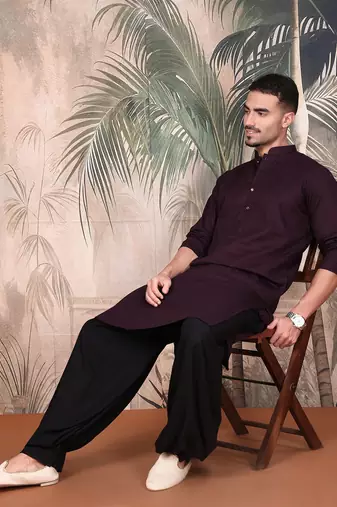 Purple cotton textured kurta for mens