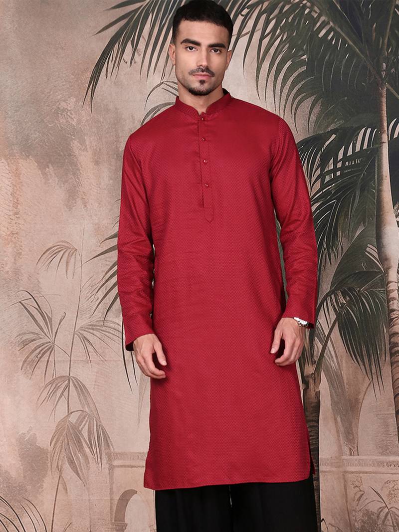 Maroon cotton textured kurta for mens