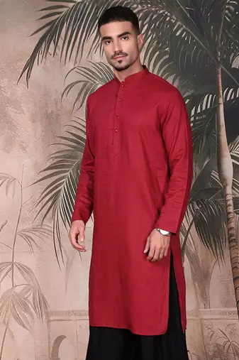 Maroon cotton textured kurta for mens