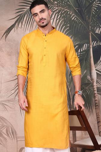 Mustard cotton textured kurta for mens