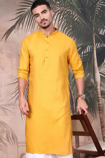 Mustard cotton textured kurta for mens