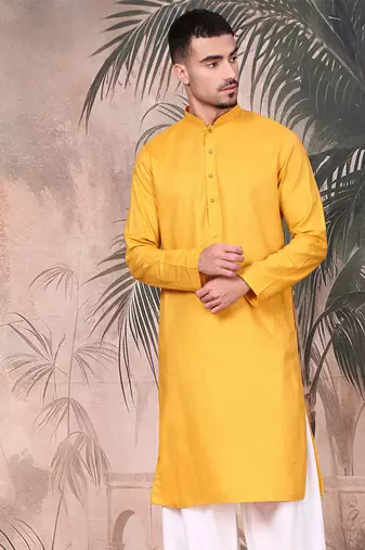 Mustard cotton textured kurta for mens