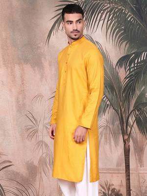 Mustard cotton textured kurta for mens 3