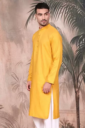 Mustard cotton textured kurta for mens