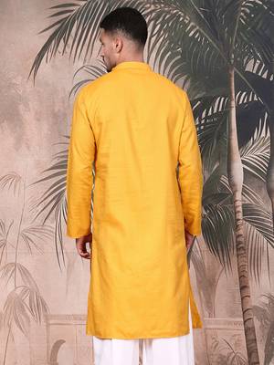 Mustard cotton textured kurta for mens 4