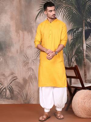 Mustard cotton textured kurta for mens 5