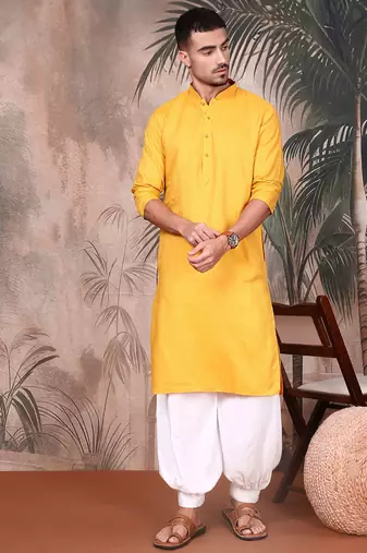 Mustard cotton textured kurta for mens