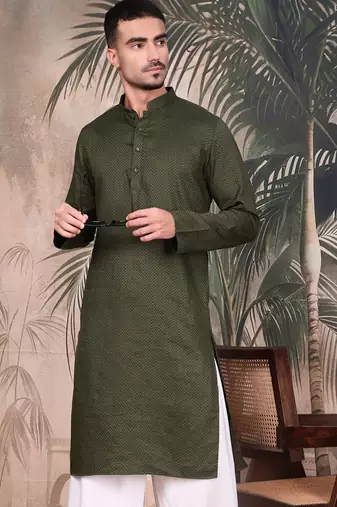 Olive cotton textured kurta for mens